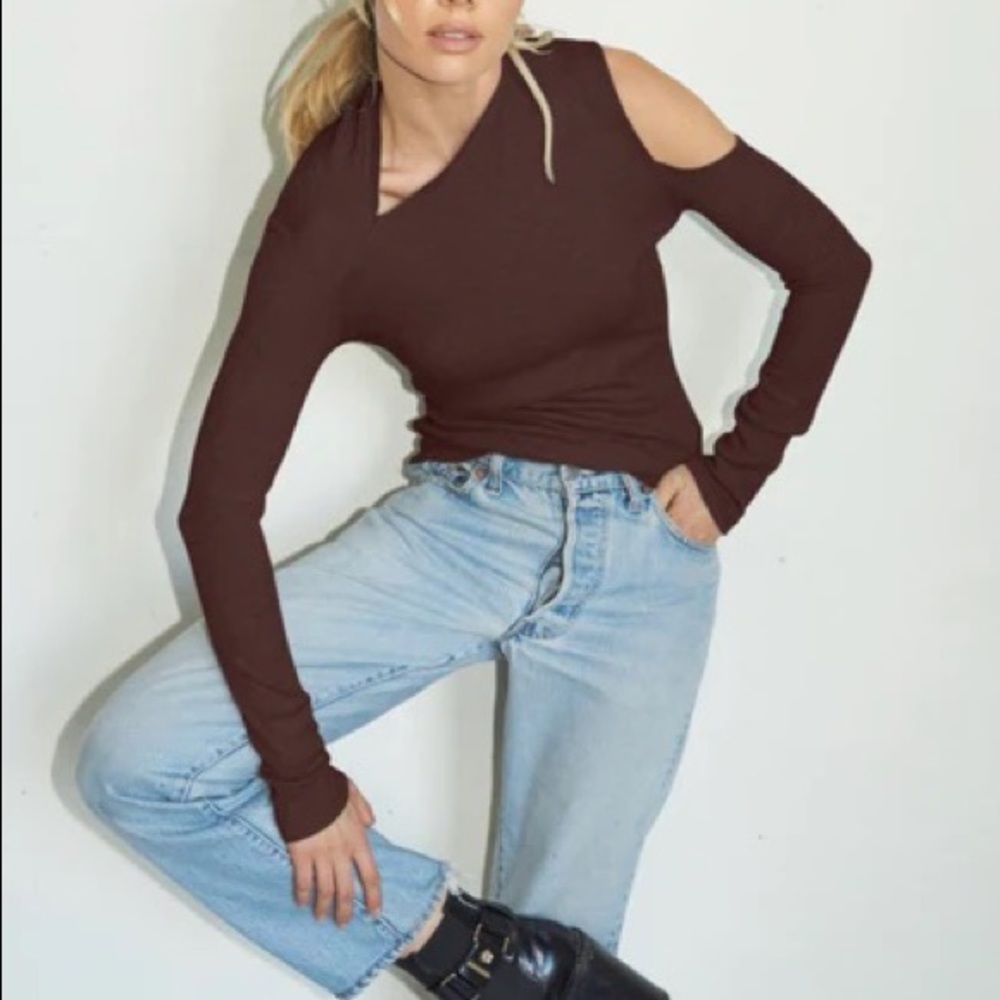 LNA Brown Long Sleeve Cutout Top